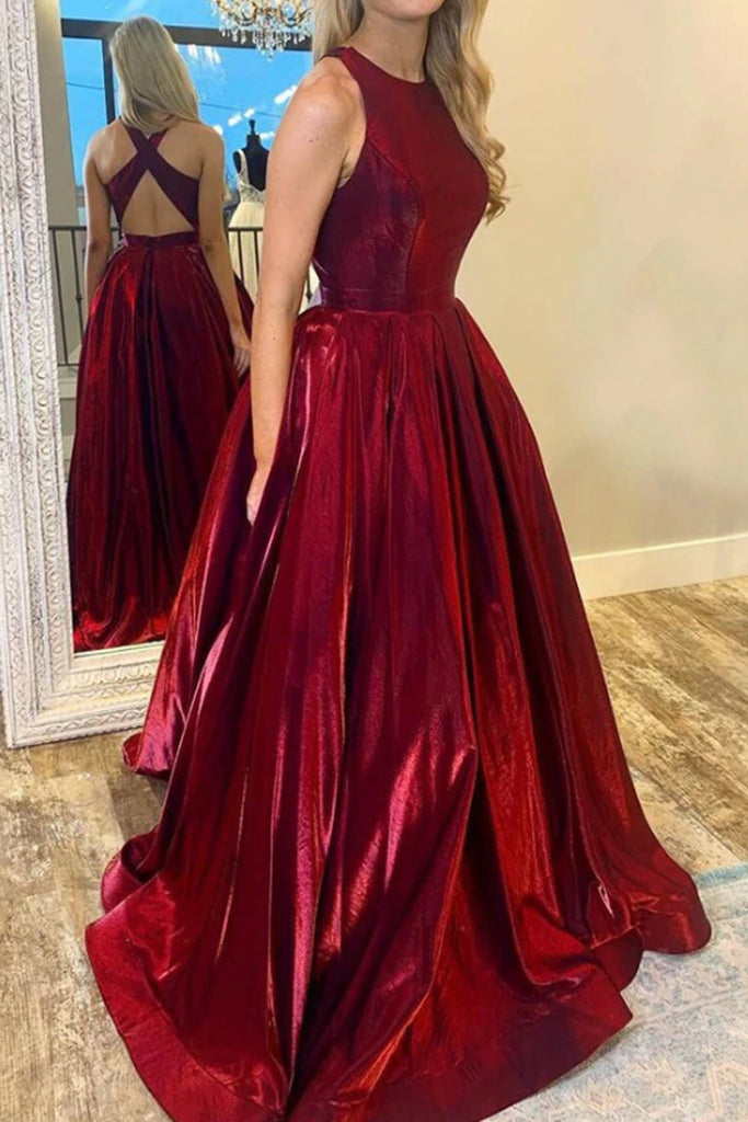 MACloth Halter O Neck Satin Long Prom Dress with Cross Back Burgundy F