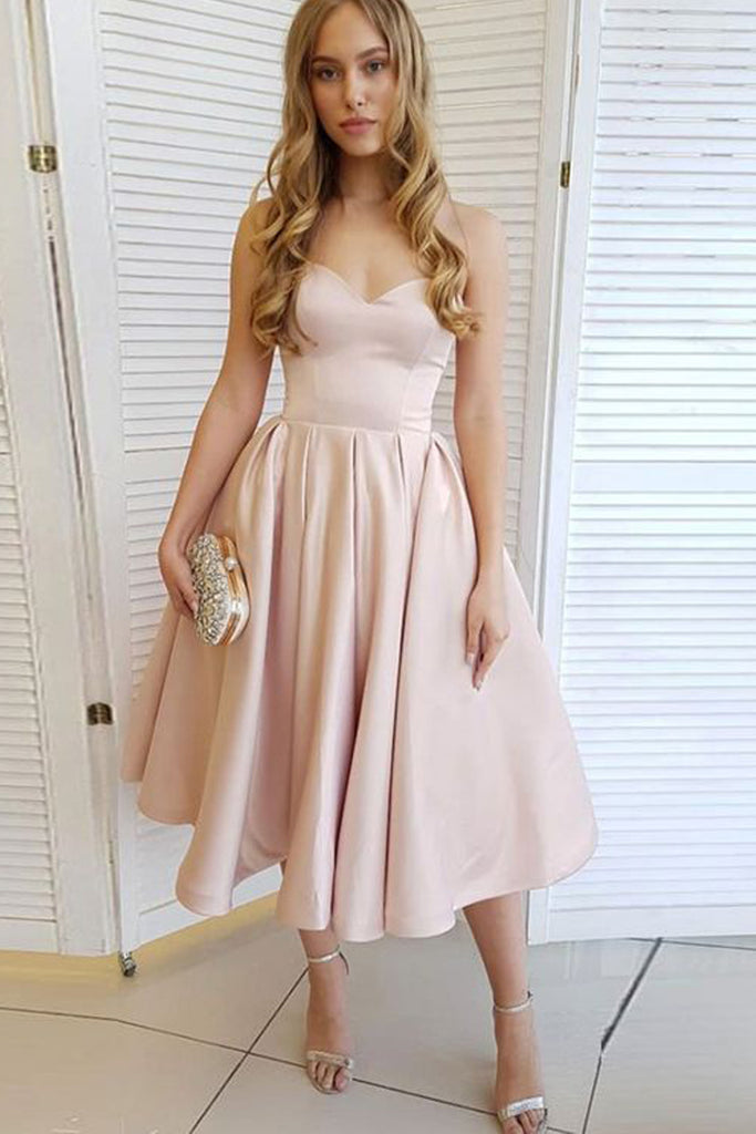 MACloth Strapless Sweetheart Midi Prom Homecoming Dress Pale Pink Wedd