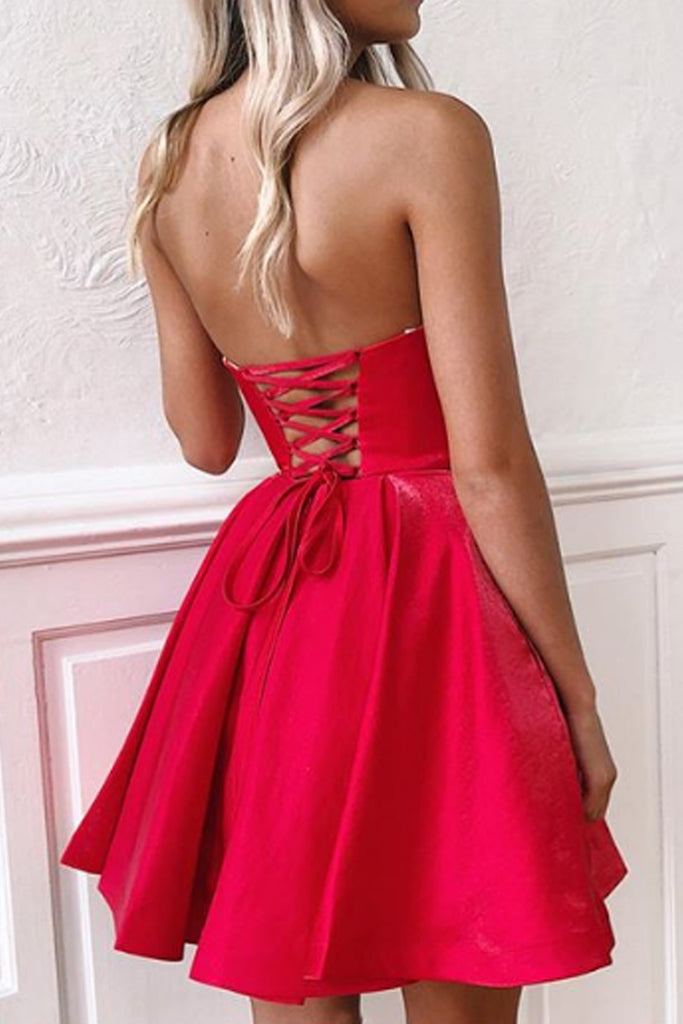 MACloth Strapless Sweetheart Mini Prom Homecoming Dress Red Cocktail P