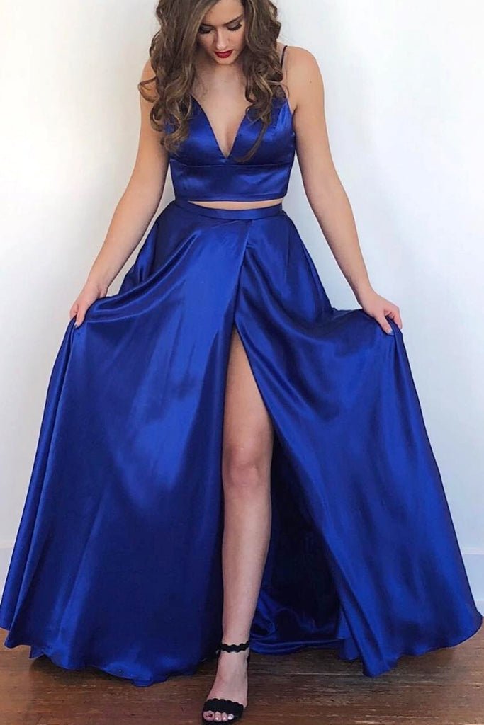 Macloth Straps V Neck Two Piece Royal Blue Prom Dress Formal Evening G 6403