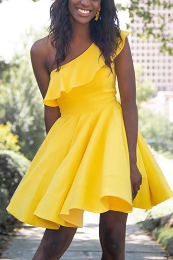 MACloth One Shoulder Mini Prom Homecoming Dress Yellow Cocktail Party