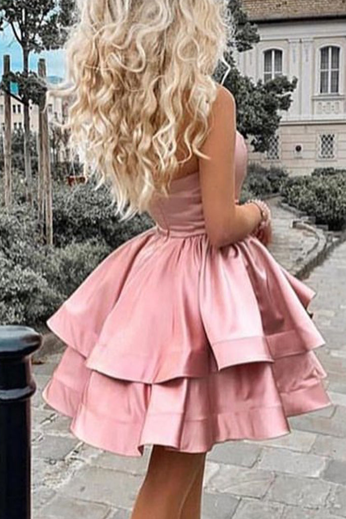 MACloth Strapless Tiered Mini Prom Homecoming Dress Pearl Pink Cocktai