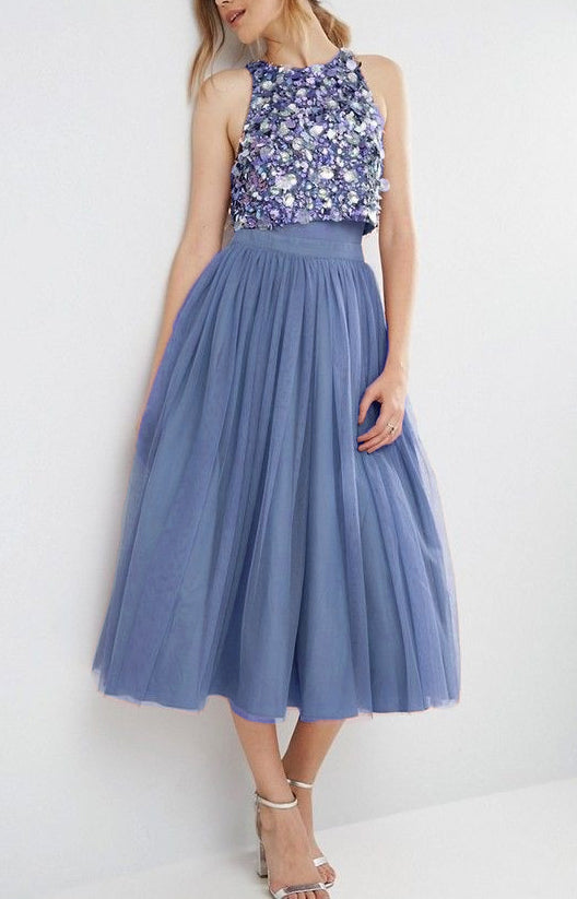 blue midi bridesmaid dress