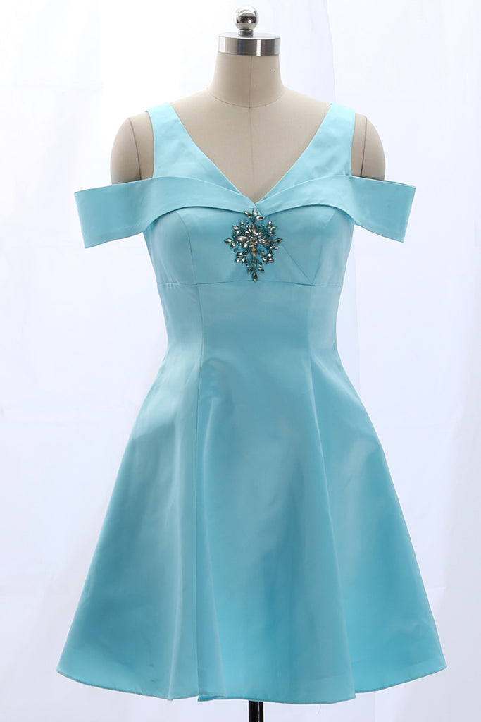 Macloth Off The Shoulder Sky Blue Satin Mini Prom Homecoming Dress Wed 2302