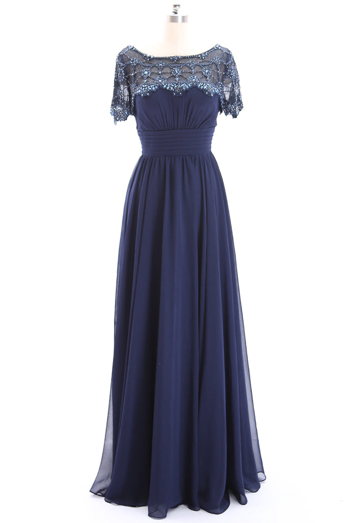 MACloth Short Sleeves Beaded Dark Navy Formal Evening Gown Mother of t