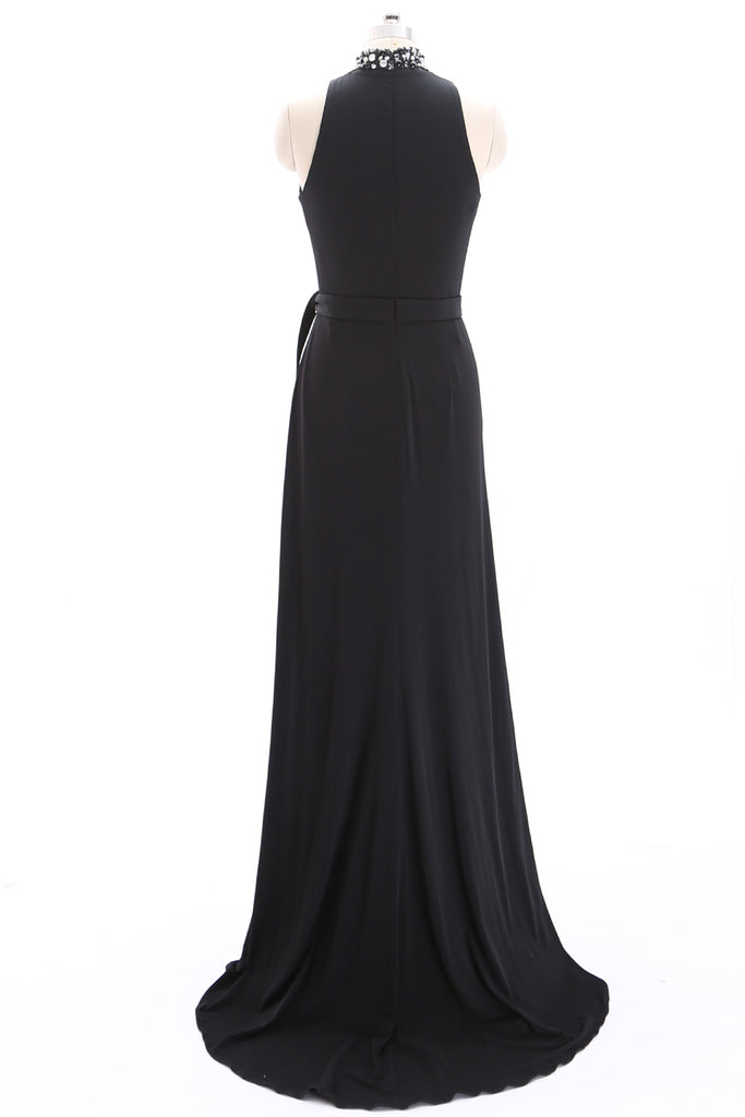 high neck black evening dress