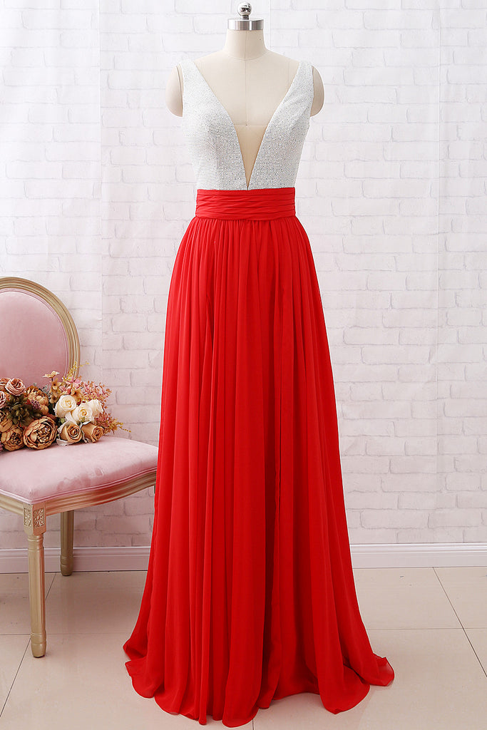 red chiffon evening gown