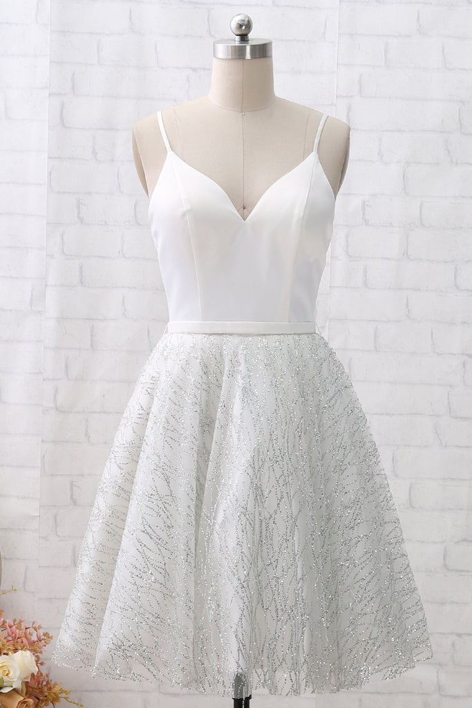 MACloth Straps V Neck White Mini Prom Homecoming Dress Cocktail Party