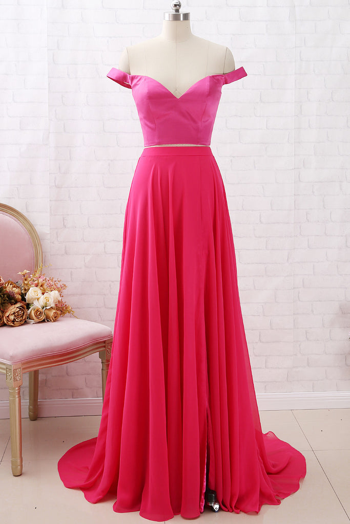 MACloth Off the Shoulder Two Piece Hot Pink Prom Dress Chiffon Formal