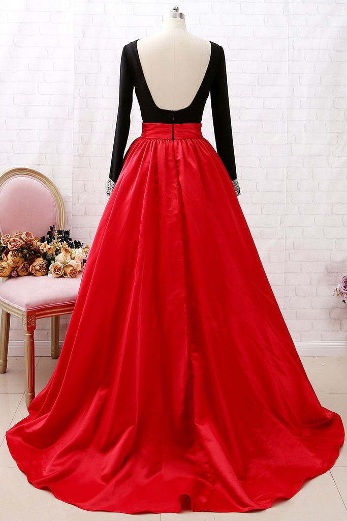 red and black gown with sleeves