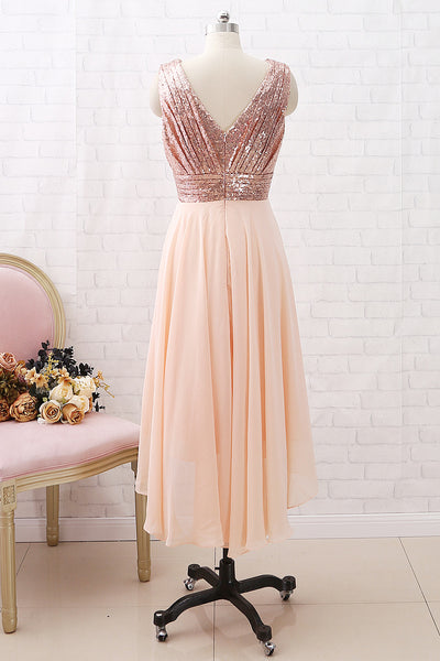 MACloth Straps V neck High Low Sequin Chiffon Bridesmaid Dress Rose Go