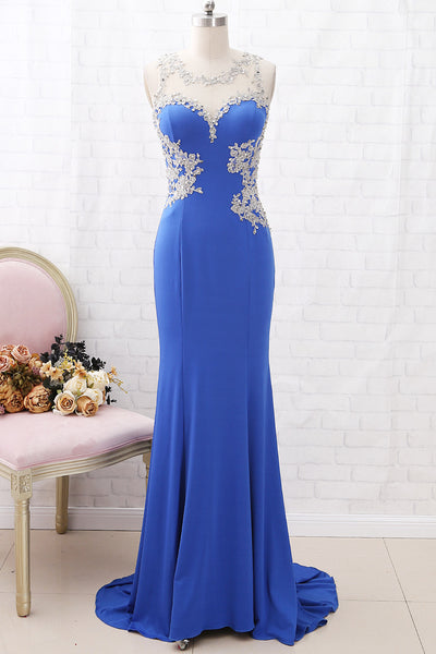 MACloth Mermaid Illusion Lace Jersey Long Prom Dress Royal Blue Formal