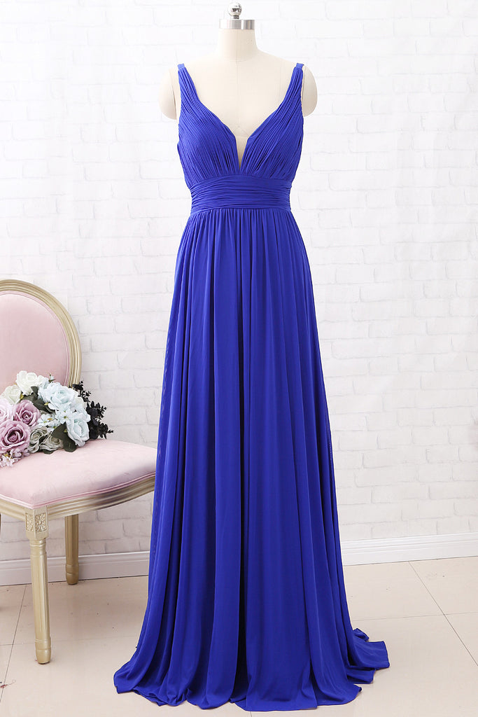 Macloth Straps Deep V Neck Jersey Maxi Prom Dress Royal Blue Formal Ev 6695