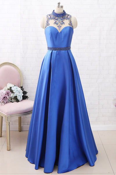 MACloth High Neck with Beaded Satin Maxi Prom Dress Royal Blue Formal