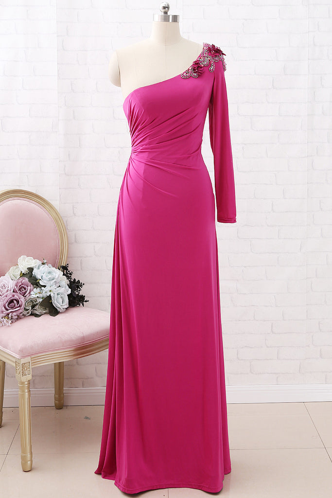 one shoulder long sleeve evening gown