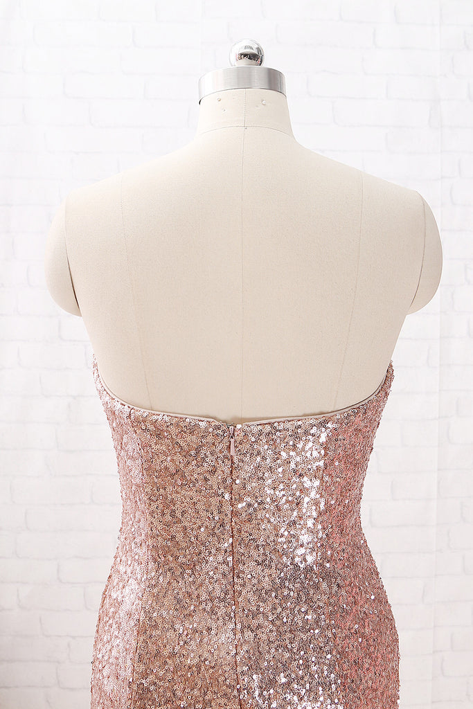 MACloth Mermaid Strapless Sequin Maxi Prom Dress Rose Gold Formal Even