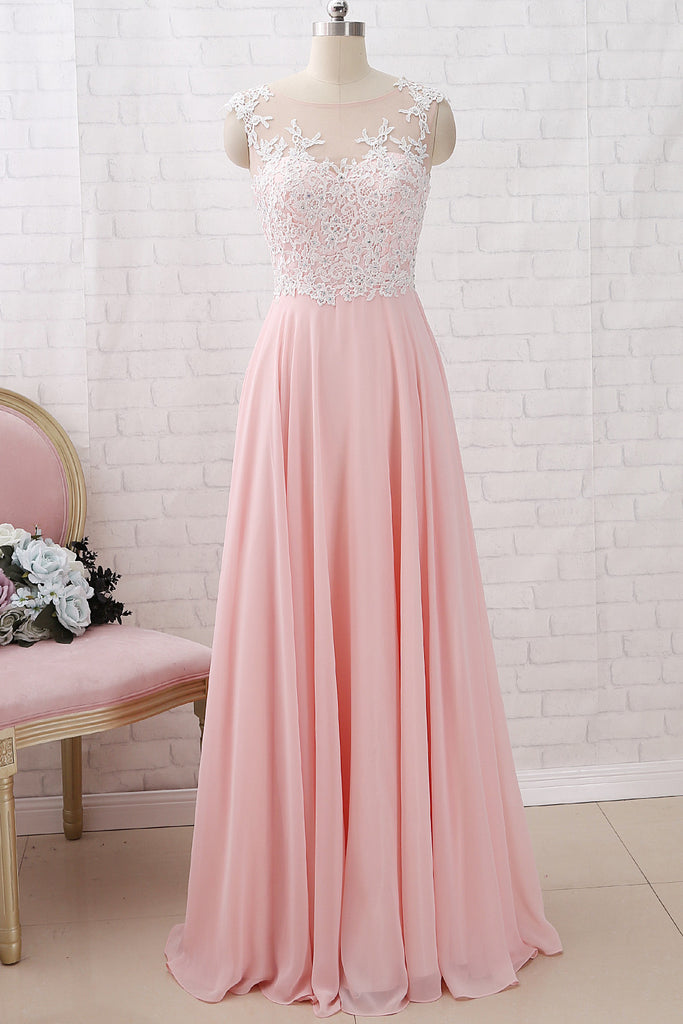 MACloth Straps O Neck Lace Chiffon Pink Long Prom Dress Simple Formal