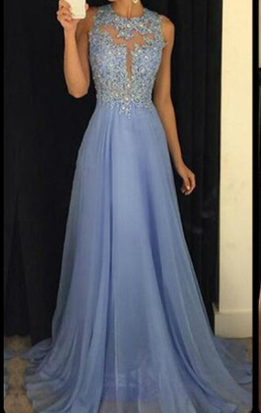 MACloth Straps High Neck Lace Chiffon Long Prom Dress Sky Blue Formal