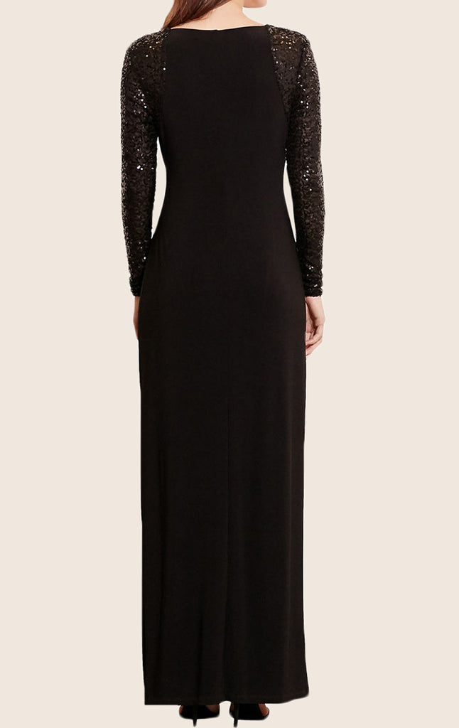 Macloth Long Sleeves Jersey Sequin Evening Formal Gown With Slit 4719