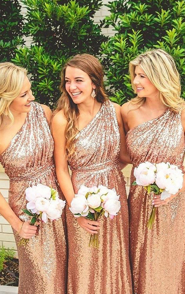 MACloth One Shoulder Sequin Long Bridesmaid Dress Rose Gold Formal Gow