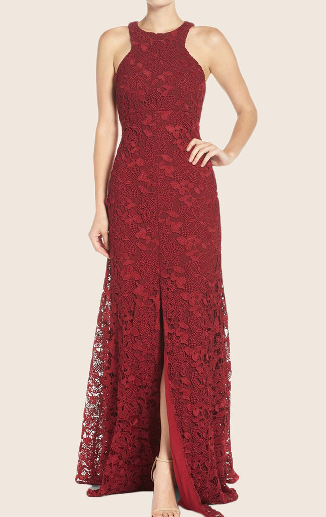 Macloth O Neck Lace Maxi Formal Evening Gown Burgundy Prom Dress