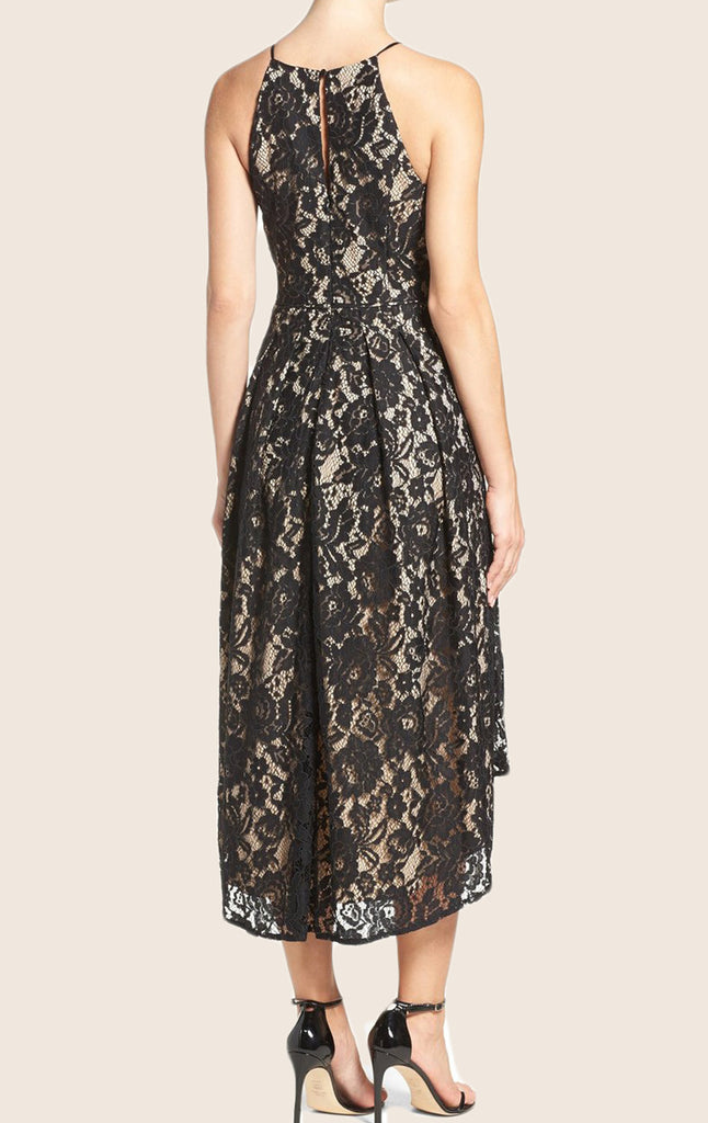 MACloth Halter O Neck High Low Cocktail Dress Black Lace Formal Gown