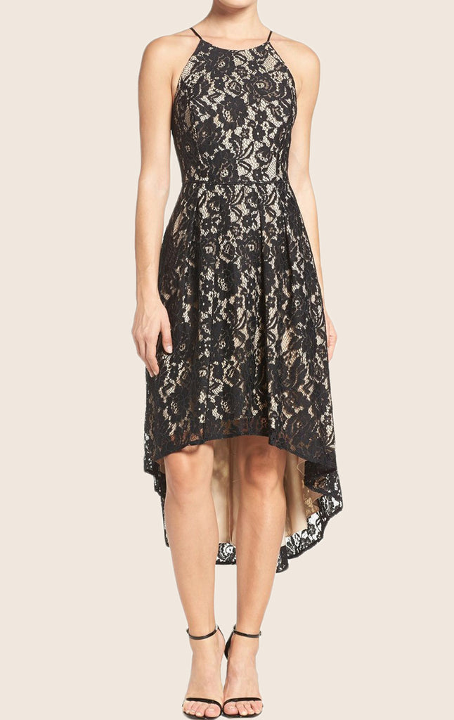 Macloth Halter O Neck High Low Cocktail Dress Black Lace Formal Gown