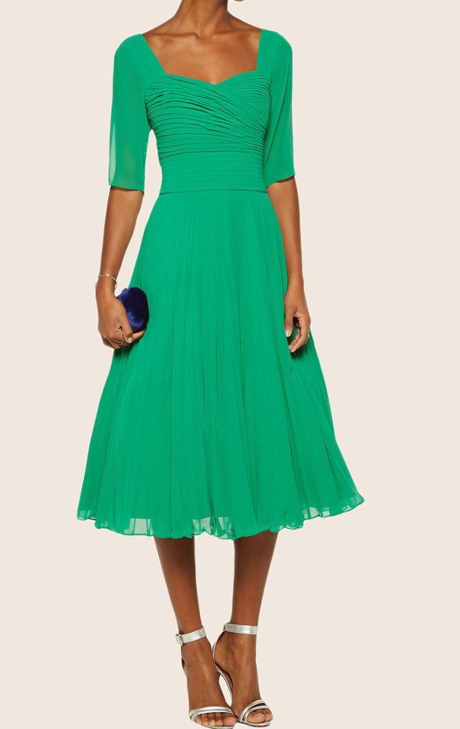 MACloth Half Sleeves Sweetheart Chiffon Cocktail Dress Green Midi Moth