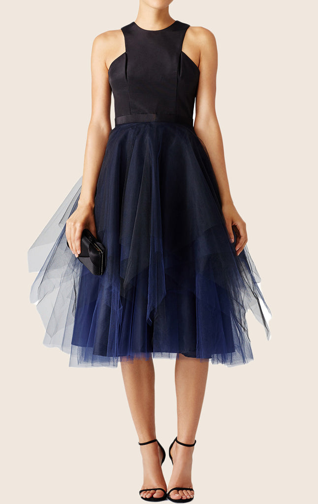 Macloth Midi Satin Tulle Cocktail Dress With Open Back Dark Navy Forma 9504