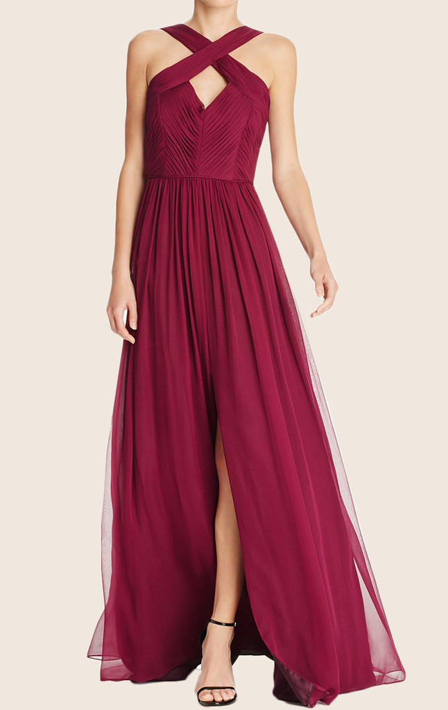 Macloth Halter Chiffon Maxi Prom Dress With Slit Burgundy Formal Gown 6620