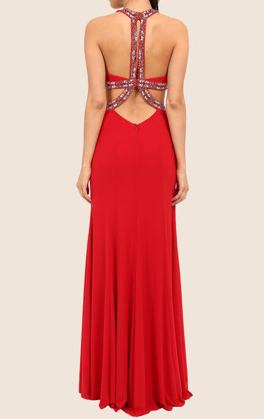 MACloth Halter Sheath Jersey Maxi Prom Dress Red Formal Gown with Slit