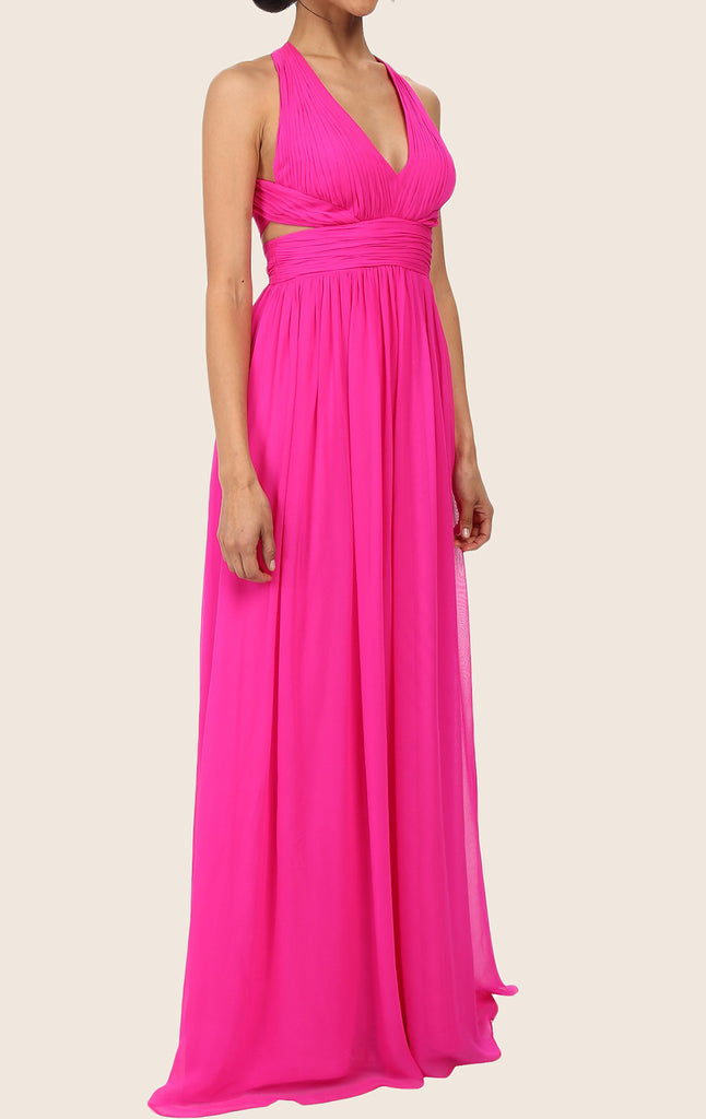 Macloth Straps V Neck Chiffon Maxi Prom Dress Fuchsia Formal Gown 5876