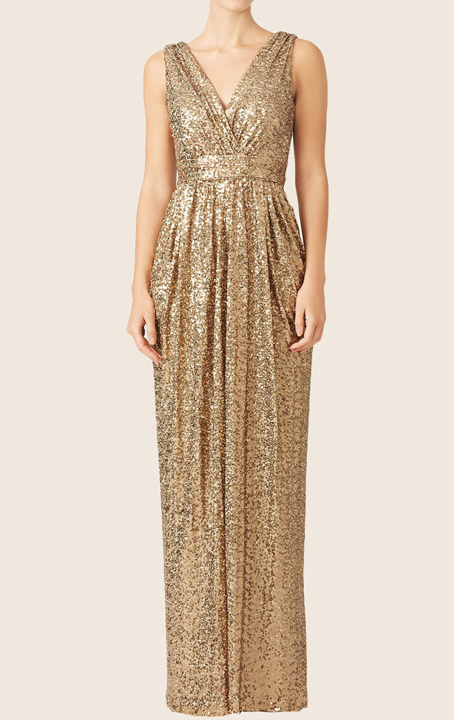 Macloth Straps V Neck Sequin Long Bridesmaid Dress Gold Formal Gown 5144