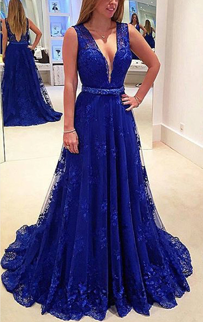 MACloth Straps V Neck Lace Long Prom Dress Royal Blue Formal Gown