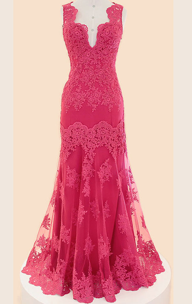 Macloth Straps V Neck Lace Long Prom Dress Fuchsia Lace Formal Gown 