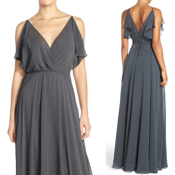 MACloth Straps V Neck Chiffon Long Prom Dress Gray Evening Formal Gown