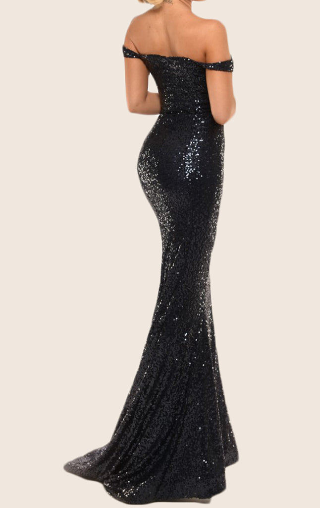 Macloth Mermaid Off The Shoulder Sequin Prom Dress Black Formal Gown 3124