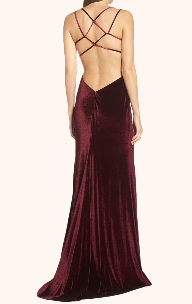 Macloth Backless Velvet Long Prom Dress Burgundy Formal Gown 