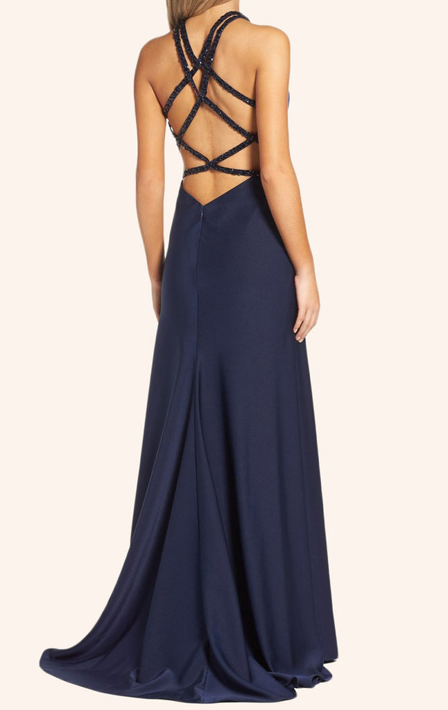 Macloth Halter Long Prom Dress With Slit Sexy Dark Navy Formal Gown 5887