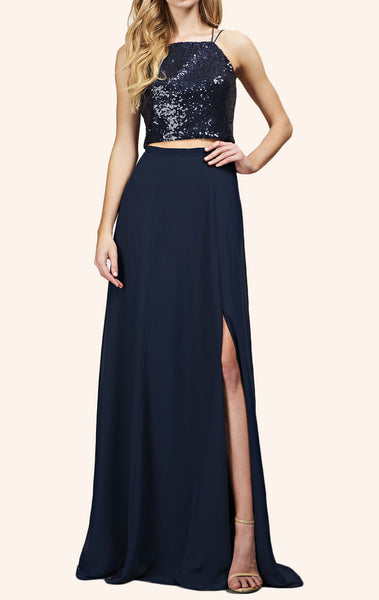 MACloth Two Piece Sequin Chiffon Long Bridesmaid Dress Simple Prom Gow