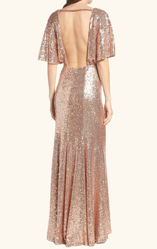 Macloth V Neck Sequin Long Bridesmaid Dress Rose Gold Formal Evening G 7433