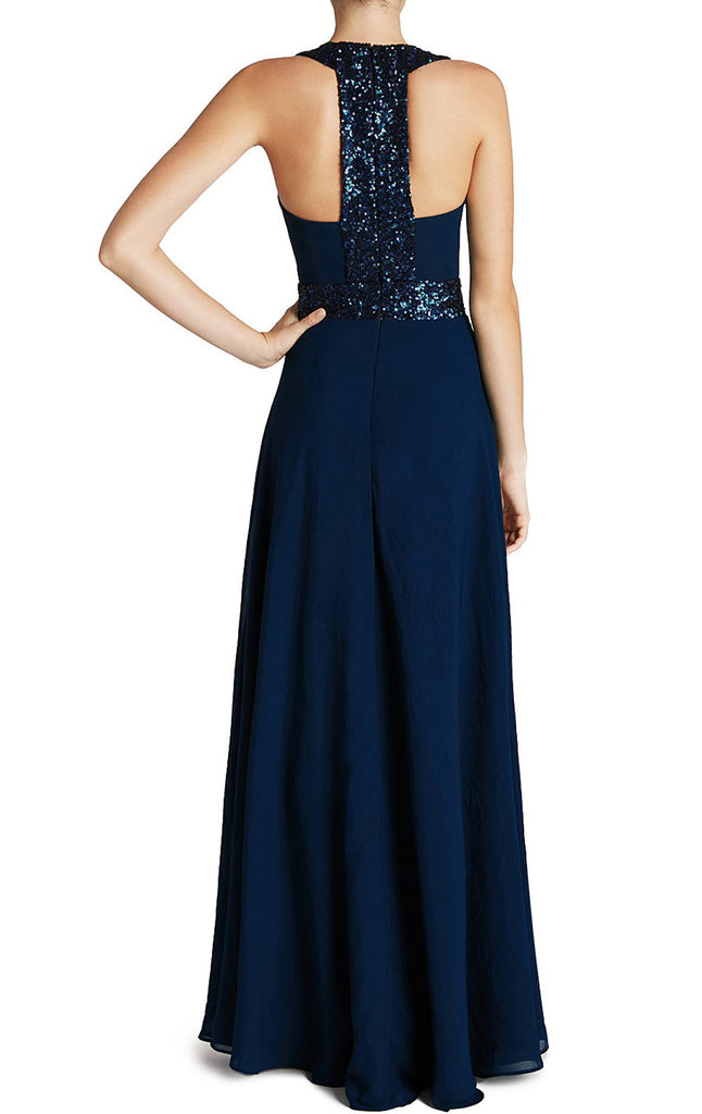 MACloth Straps V Neck Sequin Chiffon Prom Dress Dark Navy Formal Gown