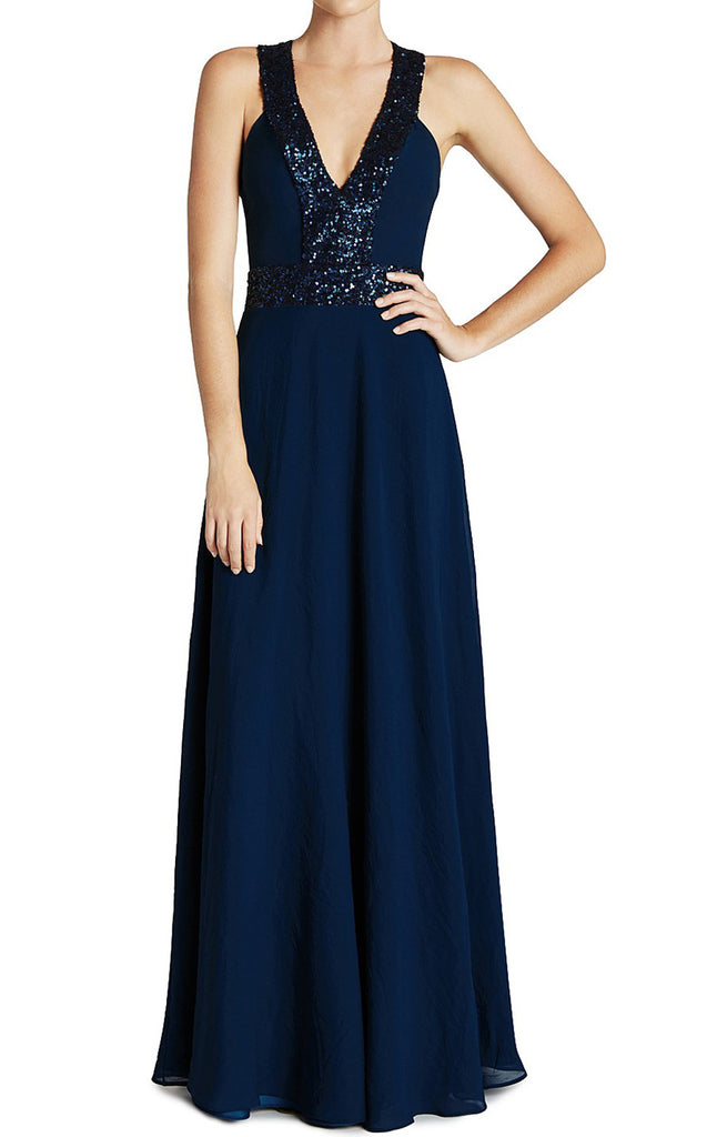 MACloth Straps V Neck Sequin Chiffon Prom Dress Dark Navy Formal Gown