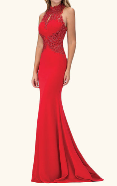 Macloth Mermaid High Neck Lace Jersey Prom Dress Long Formal Evening G 5749