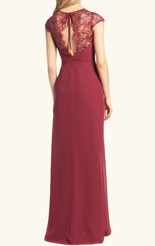 Macloth Cap Sleeves Lace Chiffon Long Bridesmaid Dress Burgundy Formal 8431