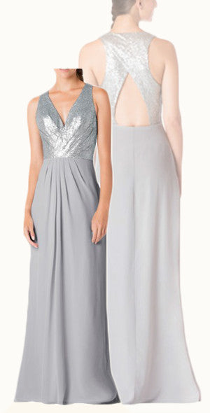 Macloth Straps V Neck Chiffon Sequin Long Bridesmaid Dress Silver Form 6995