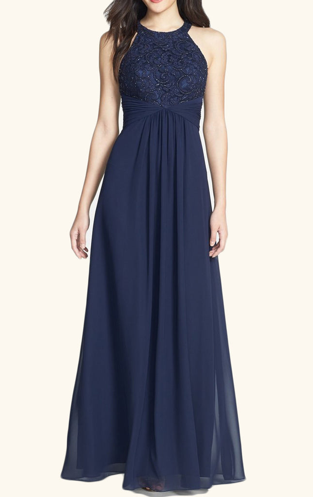 MACloth Halter Lace Chiffon Long Bridesmaid Dress Dark Navy Prom Forma