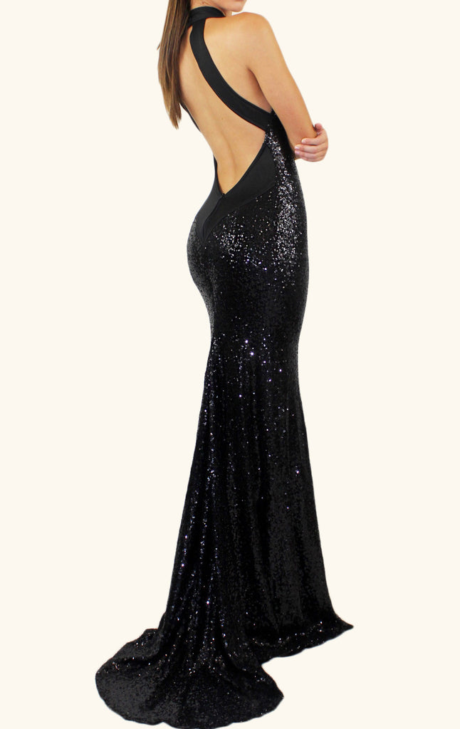 Macloth Mermaid Halter Sequin Long Prom Dress Black Formal Evening Gow 0165