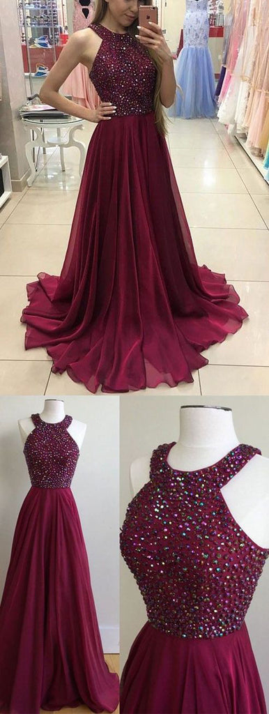 MACloth Halter Crystals Chiffon Long Prom Dress Elegant Burgundy Forma