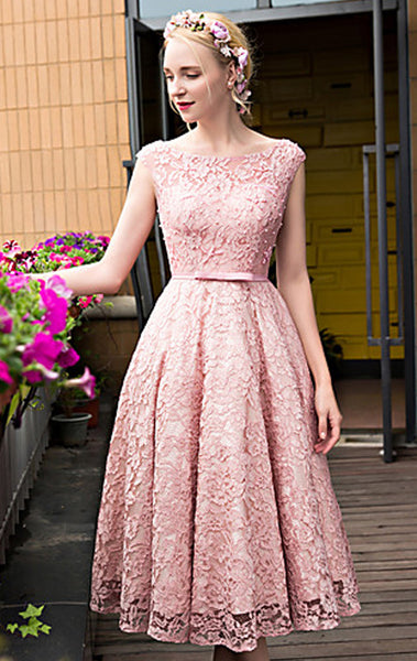 MACloth Cap Sleeves Lace Cocktail Dress Pink Midi Wedding Party Formal